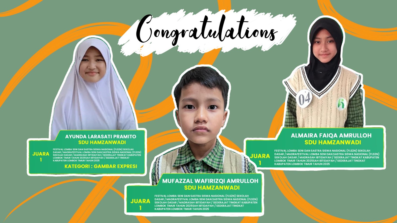 Tiga Siswa SDU Hamzanwadi Raih Juara 1 dalam Festival Lomba Seni dan Sastra Siswa Nasional