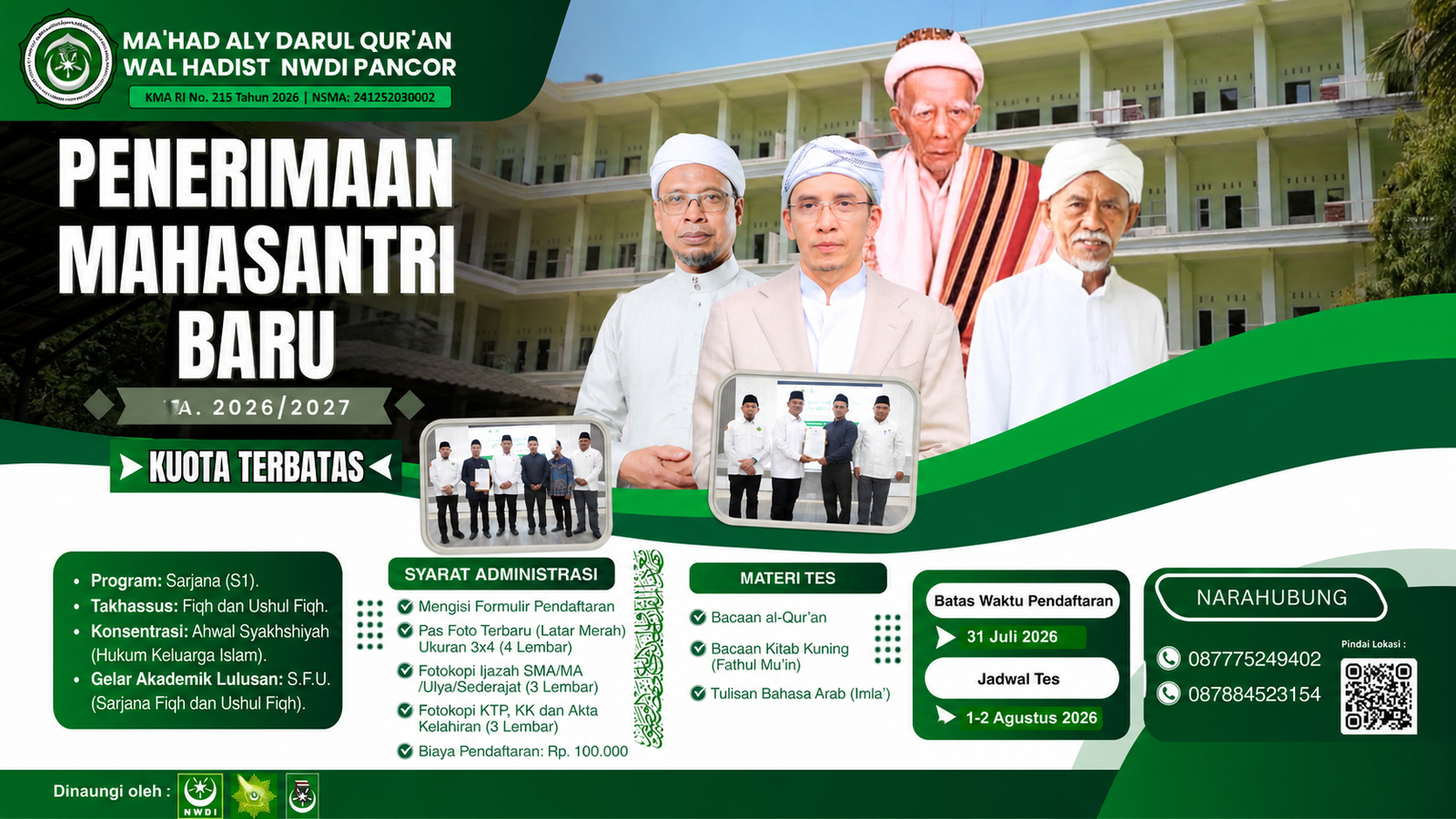Ma’had Aly NWDI Pancor Buka Pendaftaran Mahasantri Baru 2026/2027, Kuota Terbatas