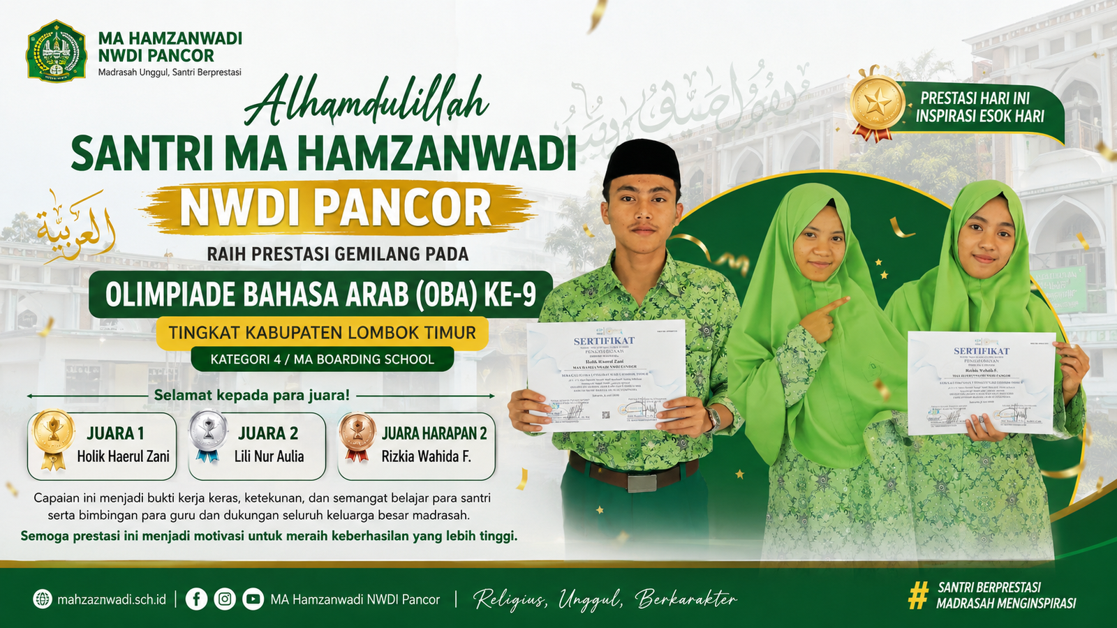 Santri MA Hamzanwadi NWDI Pancor Borong Juara pada Olimpiade Bahasa Arab Ke-9 Tingkat Kabupaten Lombok Timur
